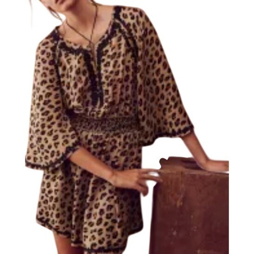 Kobi Halperin Silk Leopard Print Dress Tan Small Embroidered Tassel Boho Luxe